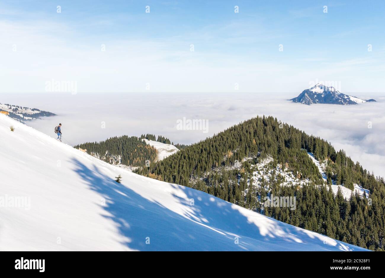 Mann mit zwei Hunden, die den Schneeberg hinunterlaufen, mit herrlichem Blick auf die Berge über der Nebelschicht des Inversionstales. Meer der Wolken. Ansicht von Stockfoto