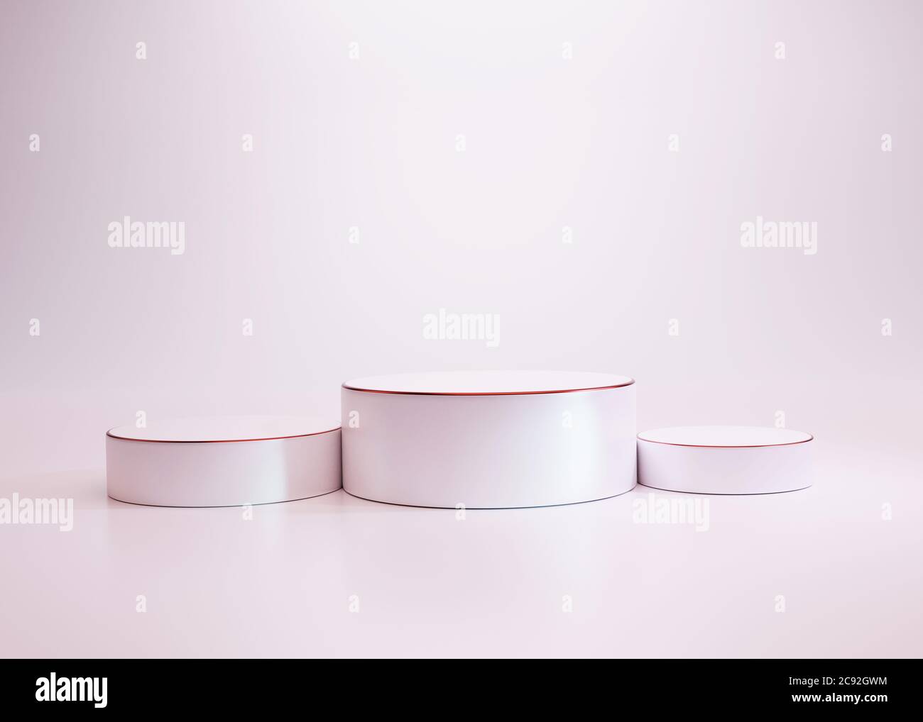 3D-Illustration des Gewinners, zweiter Dritter Platz Bühne oder Produktstand. Realistisch, Vorlage, Mockup isoliert auf hellrosa Hintergrund Stockfoto