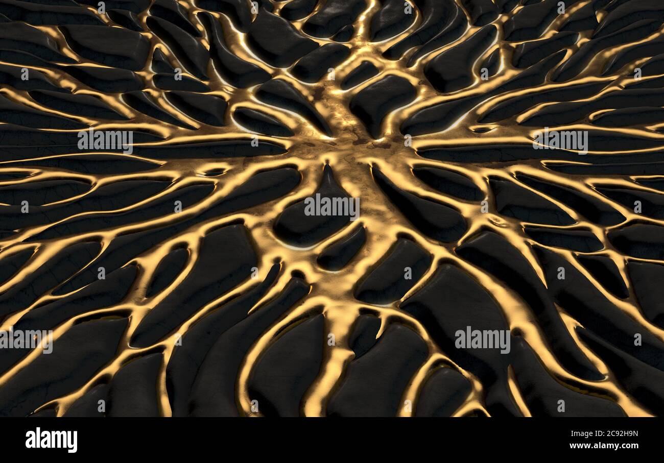 Ein abstraktes Konzept, das geschmolzenes Goldmetall zeigt, das durch Spalten eines dunklen Gesteins in Form eines vernetzten Netzwerks fließt - 3D Render Stockfoto