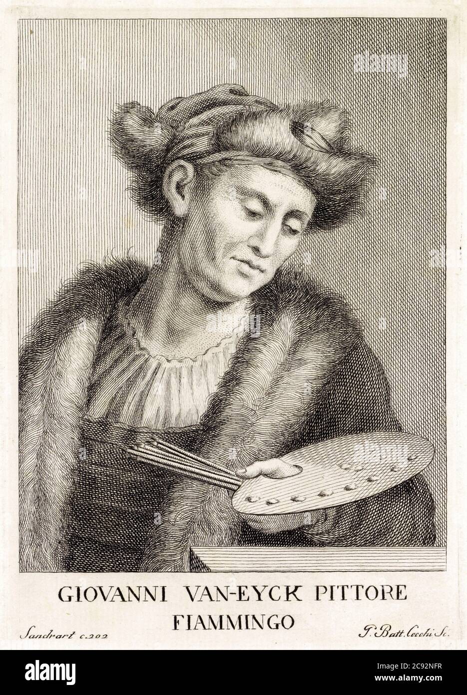 Jan Van Eyck (vor 1390-1441), niederländischer Maler, Künstler, Porträtstich von Giovanni Battista Cecchi nach Ignazio Enrico Hugford und Joachim von Sandrart, 1769-1775 Stockfoto