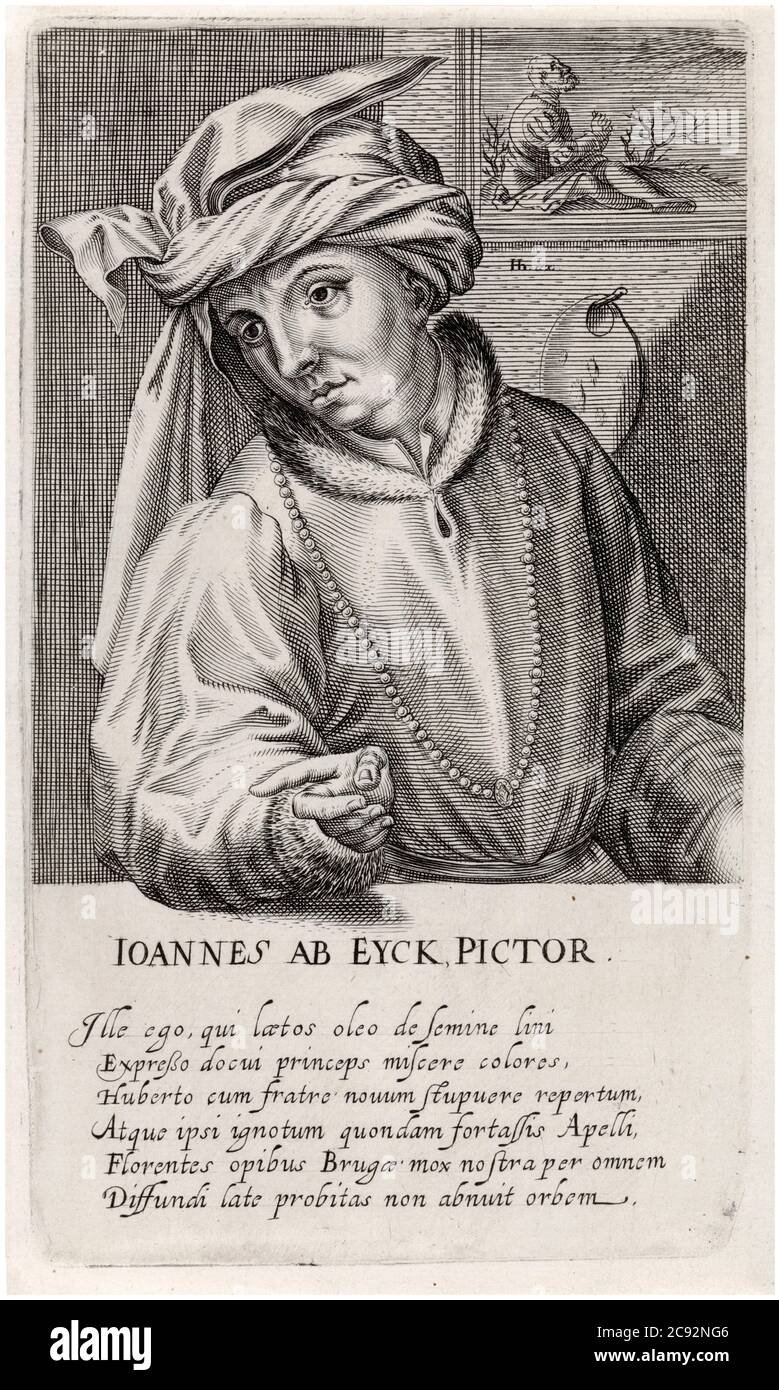 Jan Van Eyck (vor 1390-1441), niederländischer Maler, Künstler, Porträtstich von Hendrik Hondius I, 1610 Stockfoto