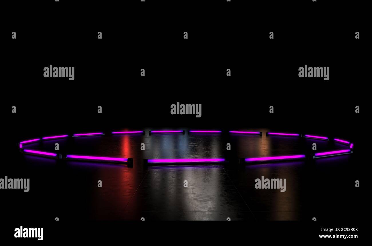 Eine leere schwarze reflektierende Oberfläche Bühneneinstellung durch eine kreisförmige Anordnung von lila Leuchtstofflampen beleuchtet - 3D-Rendering Stockfoto