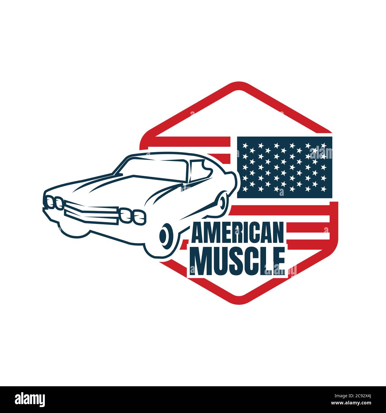 Amerikanischer Muscle Car-Logo-Vektor. Amerikanisches Muscle Car-Logo. Dieses Logo eignet sich für Oldtimer, Old Style oder Oldtimer-Garage, Werkstatt, Reparatur. Stock Vektor