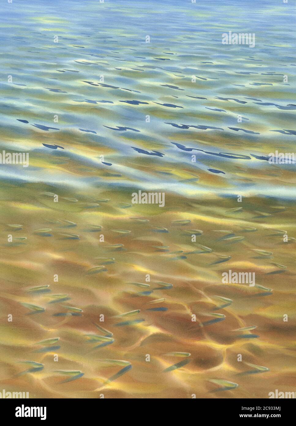 Sonnige Wasser mit transparenten Wellen Aquarell Hintergrund Stockfoto