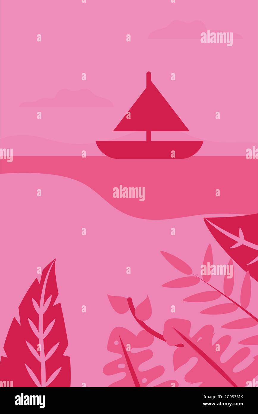 Rosa Banner mit Blättern und Segelboot-Design, Sommerurlaub tropischen und Entspannung Thema Vektor-Illustration Stock Vektor