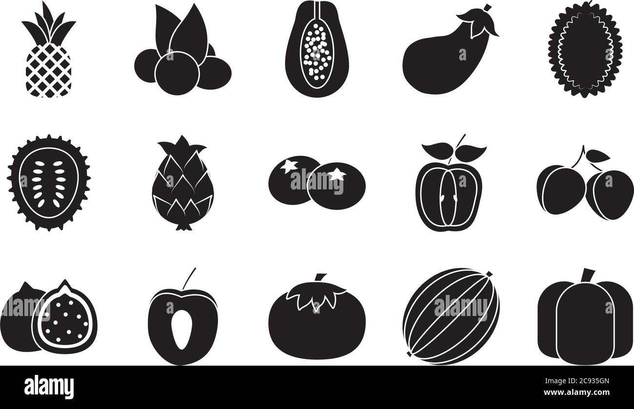 Birne und exotische Früchte Symbol auf weißem Hintergrund gesetzt, Silhouette Stil, Vektor-Illustration Stock Vektor