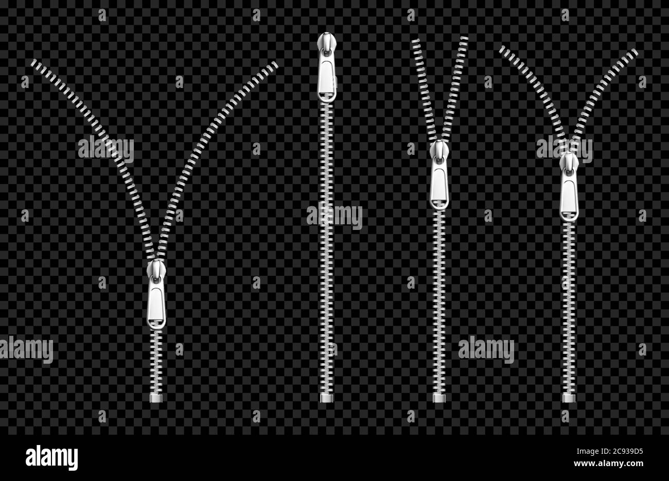 Metall-Reißverschluss-Verschlüsse, Silber oder Stahl Reißverschlüsse mit Abzieher, Kleidung Hardware, Kleidung Zubehör, öffnen oder schließen Schloss für Kleidungsstück isoliert auf transparentem Hintergrund realistische 3d-Vektor-Illustration, Set Stock Vektor