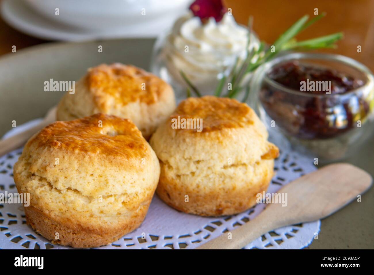 Genießen Sie Tee und Krümel oder Scones mit Marmelade und Creme während High Tea Stockfoto