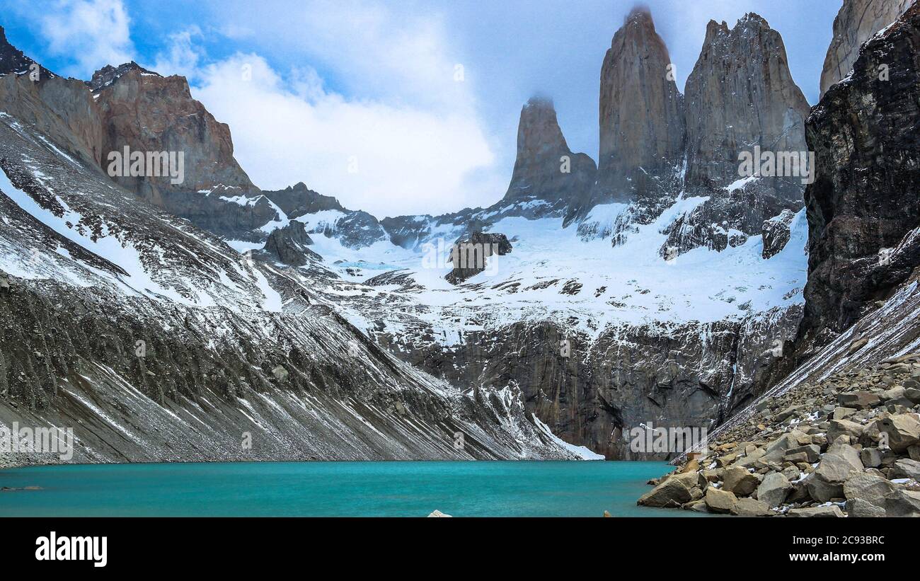 Torres del paine vom mirador las torres Stockfoto
