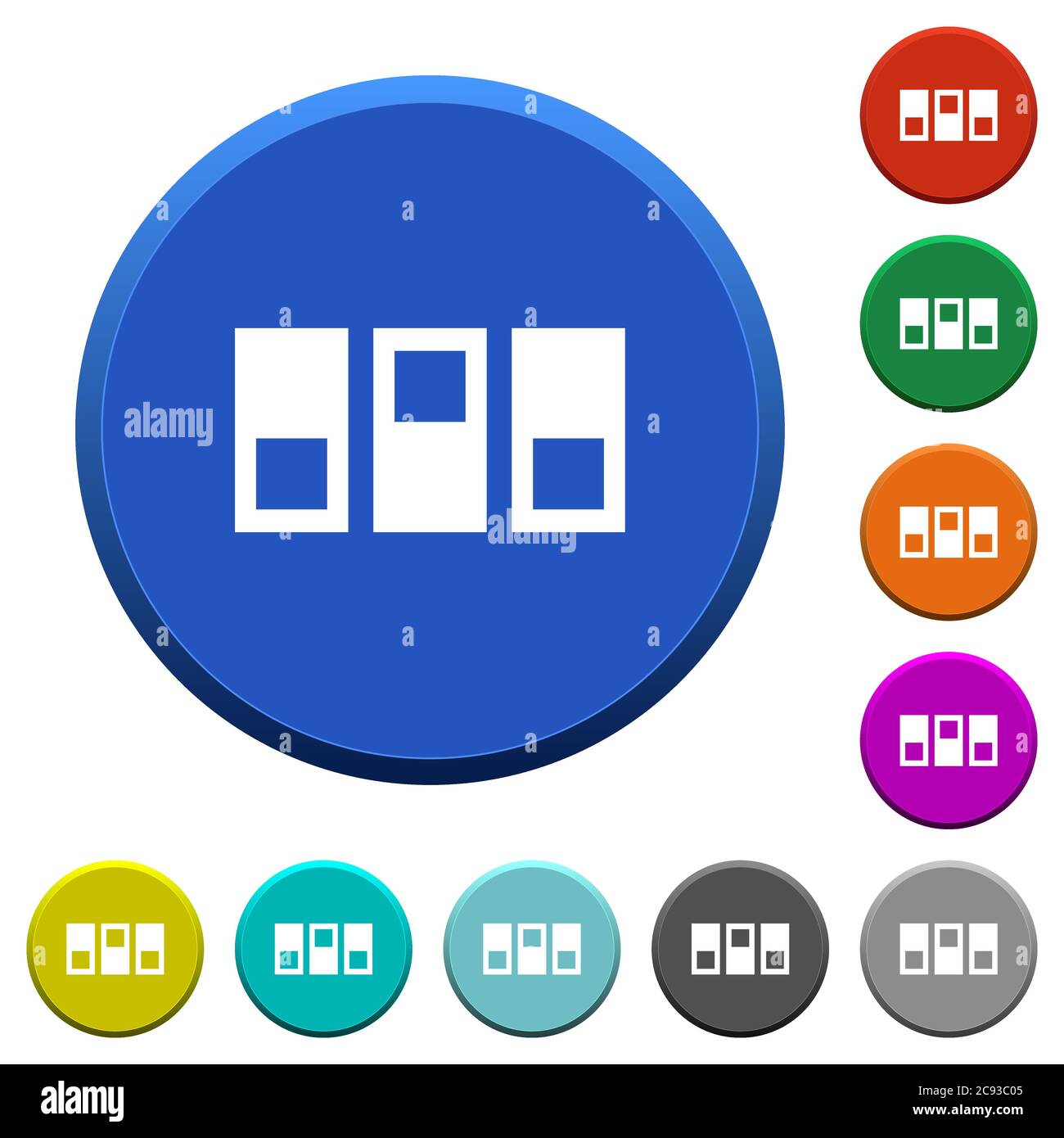 Runde, abgeschrägte Tasten mit glatten Oberflächen und flachen weißen Symbolen Stock Vektor