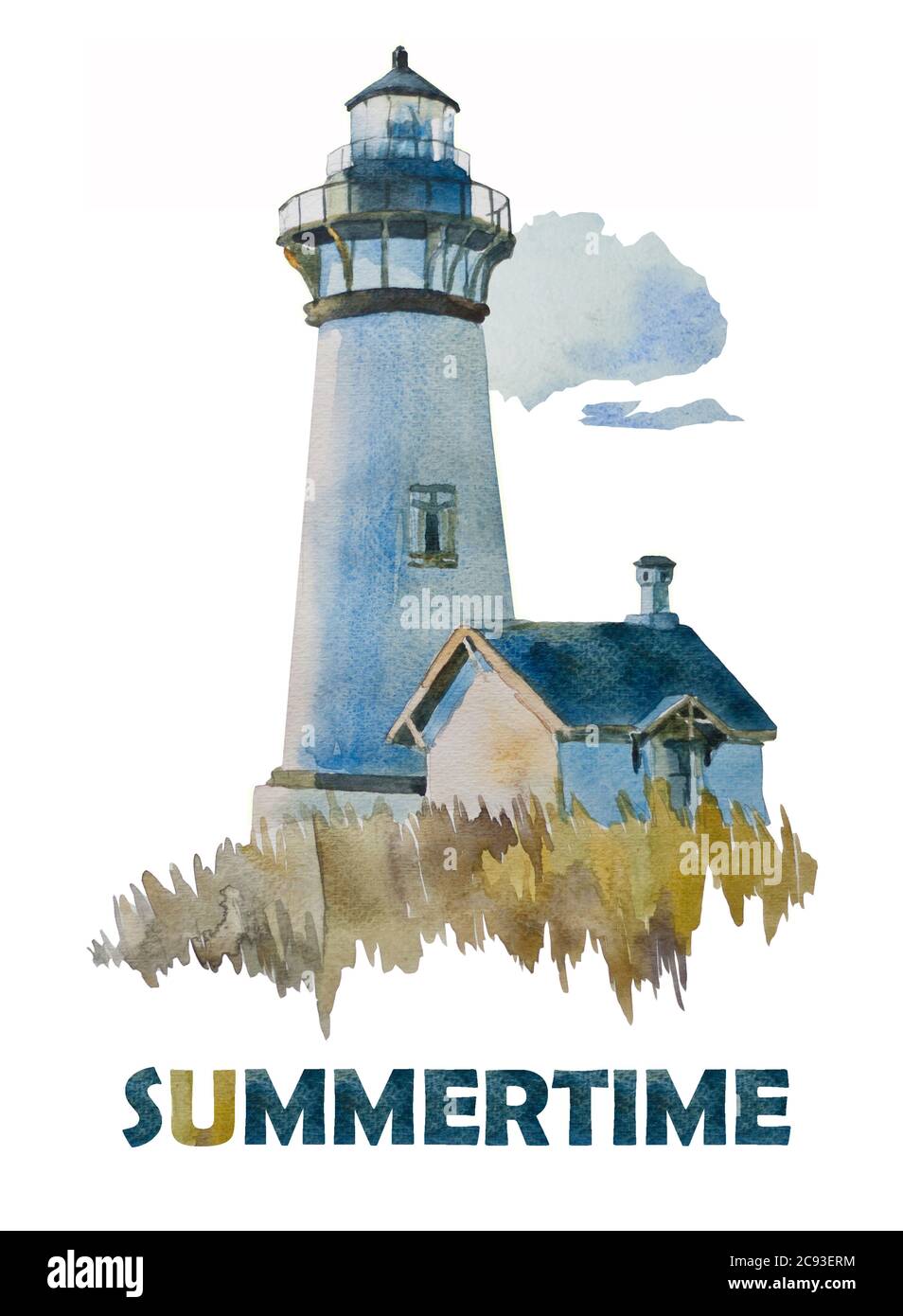 Original Aquarell der Sommerlandschaft mit Leuchtturm isoliert auf weiß Hintergrund Stockfoto