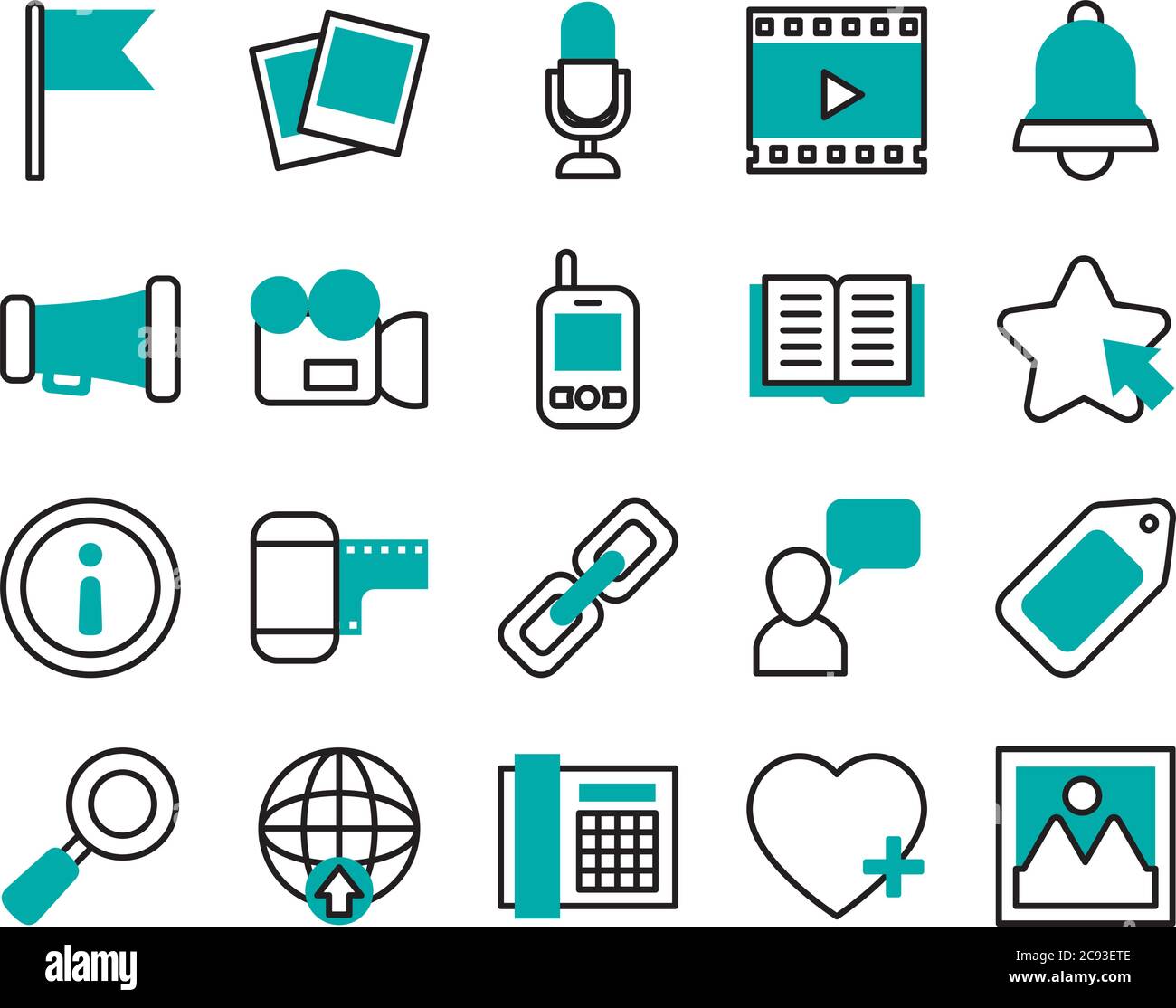 Icon Set von Glocke und Social Media Konzept über weißem Hintergrund, Halbzeilenton halb Farbe Stil, Vektor-Illustration Stock Vektor Icon Set von Glocke und Social Media Konzept über weißem Hintergrund, Halbzeilenton halb Farbe Stil, Vektor-Illustration Stock Vektor