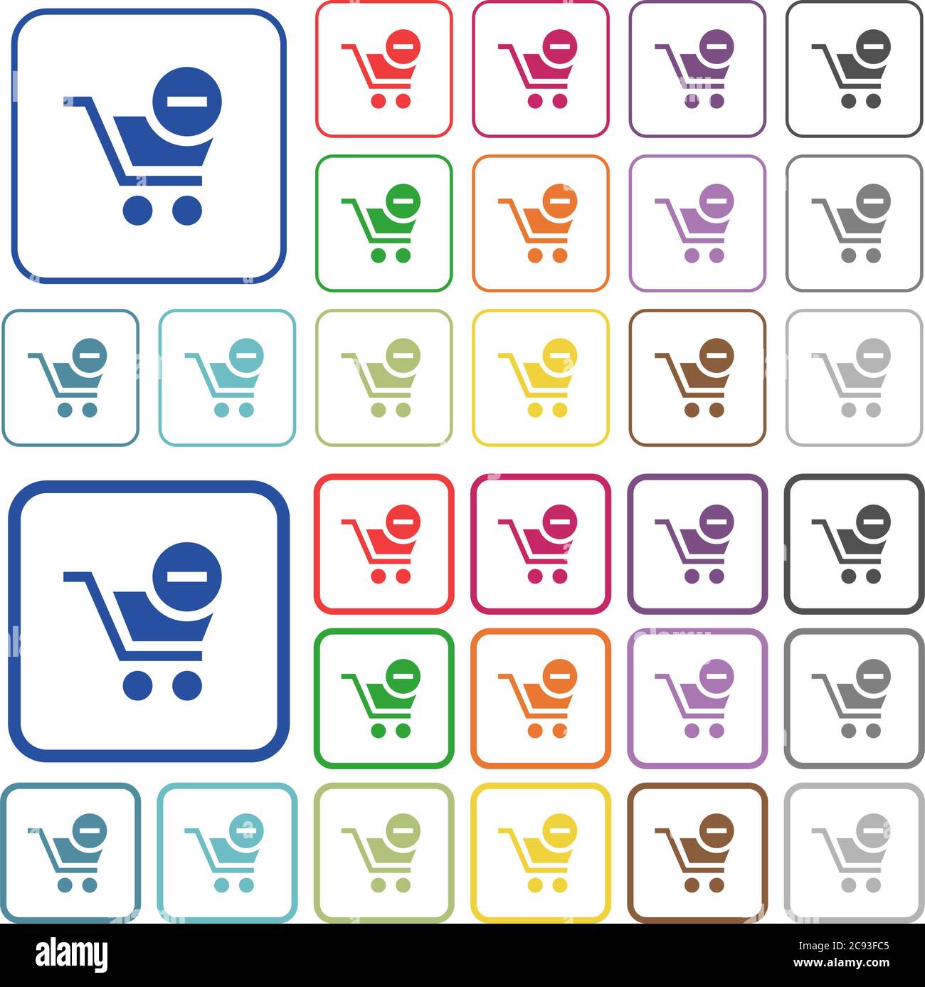 Artikel aus dem Warenkorb entfernen flache Symbole in abgerundeten quadratischen Rahmen. Dünne und dicke Versionen enthalten. Stock Vektor