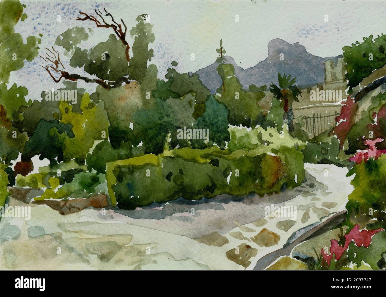 Die Aquarelllandschaft des Woronzowski Parks in Alupka, Krim Stockfoto