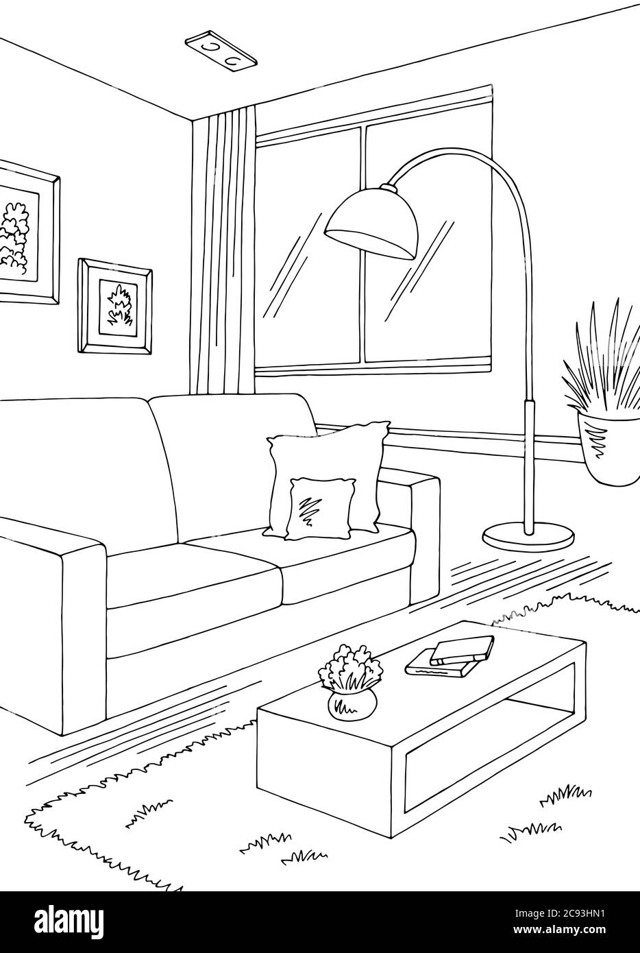 Wohnzimmer Grafik schwarz weiß Haus Interieur vertikale Skizze Illustration Vektor Stock Vektor