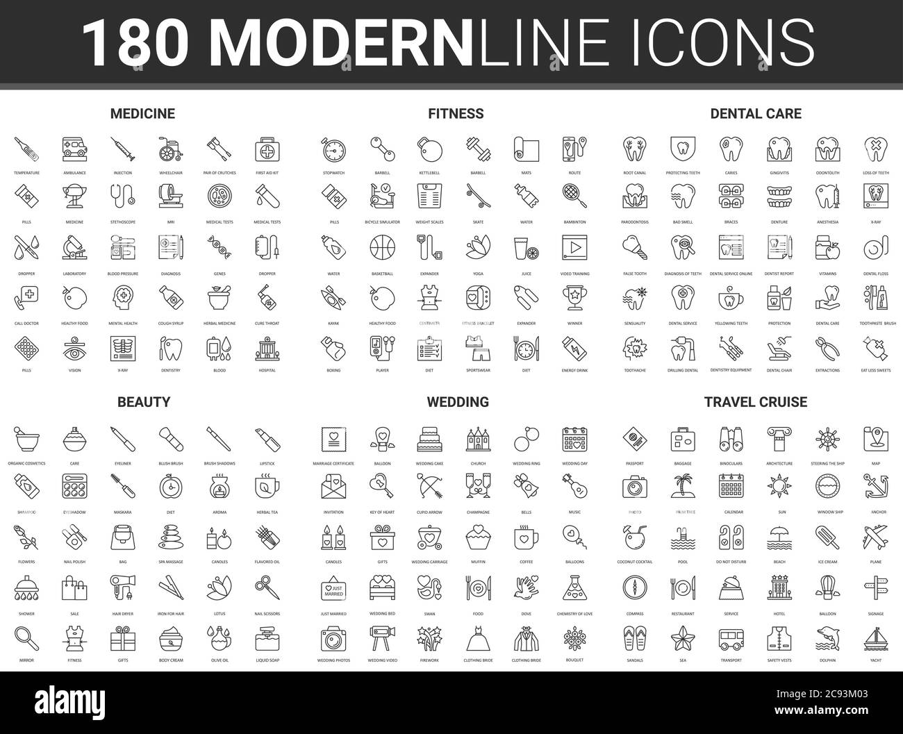 Medizin, Schönheit Hochzeit, Reise Vektor Illustration. Flache dünne Linie Symbol Satz von Brautfeier Symbole, Sport-Aktivität oder medizinische Versorgung, Make-up Beauty-Behandlung, Reisen Kreuzfahrt Sammlung Stock Vektor