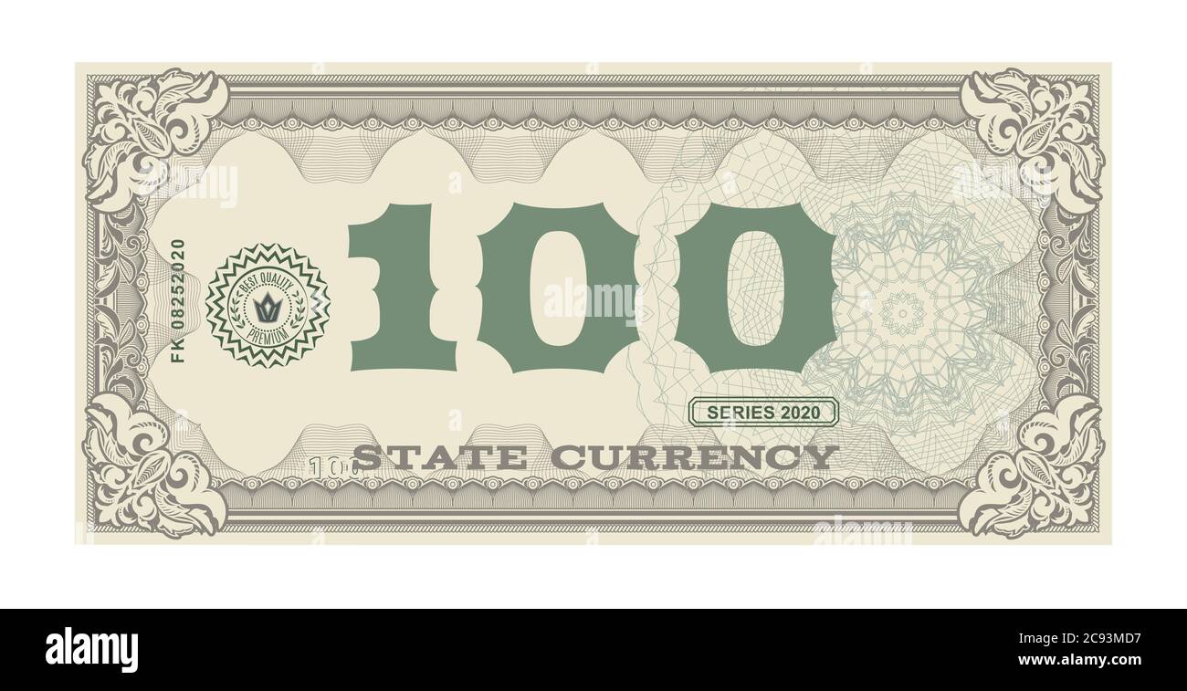 Vektor Geld Banknoten. Fake Money Illustration mit floralem Rand. Klassischer Vintage-Stil. Rückseite von Geldrechnungen Stock Vektor