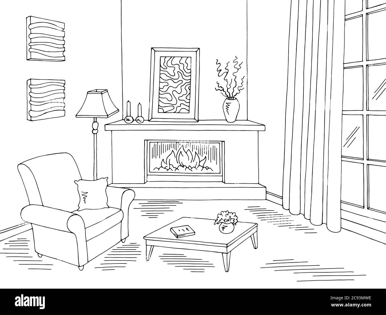 Wohnzimmer Grafik schwarz weiß Haus Interieur Skizze Illustration Vektor  Stock-Vektorgrafik - Alamy