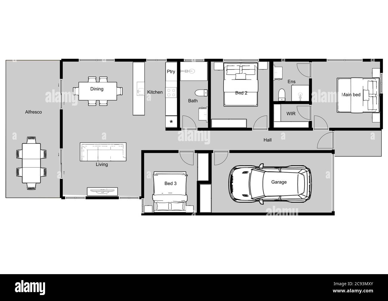 Haus mit Innen-, Grundriss, Blaupausen und farbigen Wänden auf weißem Hintergrund. 3d-Illustration. Stockfoto Haus mit Innen-, Grundriss, Blaupausen und farbigen Wänden auf weißem Hintergrund. 3d-Illustration. Stockfoto