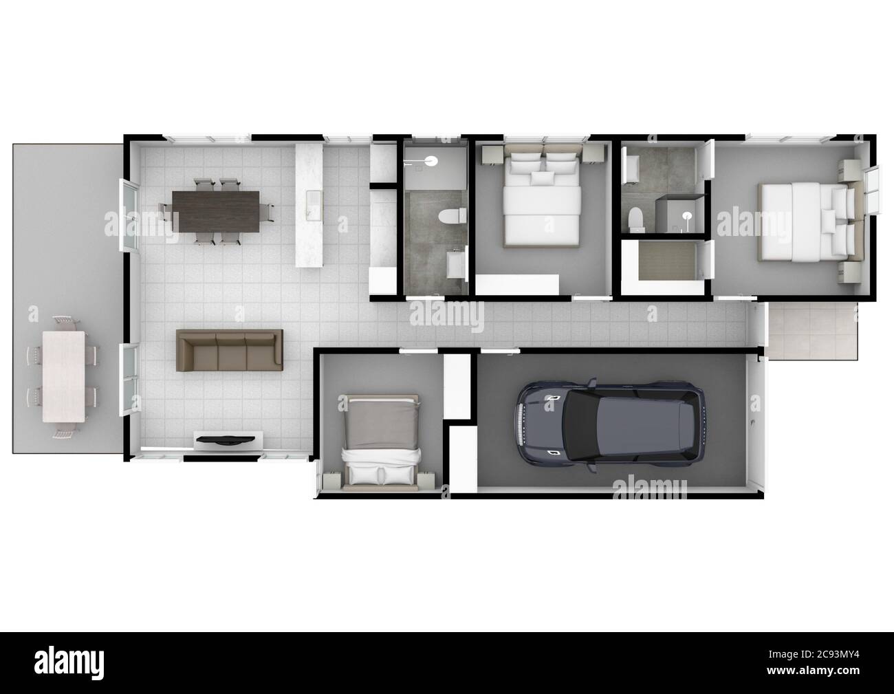 Haus mit Innen-, Grundriss, Blaupausen und farbigen Wänden auf weißem Hintergrund. 3d-Illustration. Stockfoto Haus mit Innen-, Grundriss, Blaupausen und farbigen Wänden auf weißem Hintergrund. 3d-Illustration. Stockfoto