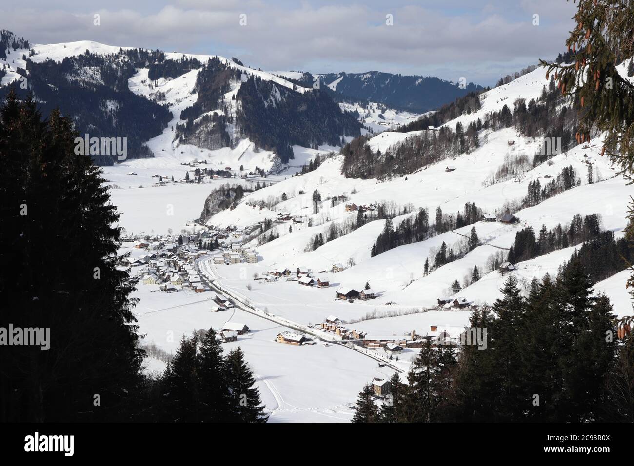Euthal, Kanton Schwyz (SZ)/ Schweiz - Februar 09 2019: Blick in Richtung Dorf Euthal - im Herzen der Schweiz gelegen - an einem schönen Wintertag Stockfoto