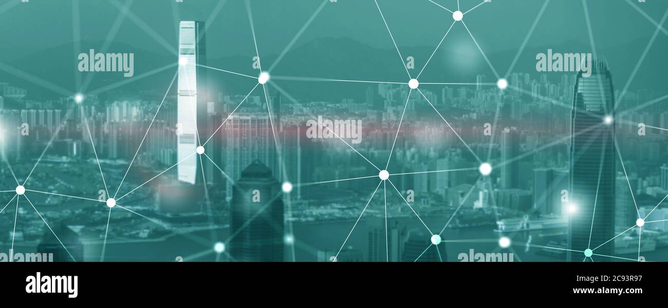 Vernetzung schnelles drahtloses Internet Konzept iot-Netzwerk Telekommunikation 5g Website Header doppelte Belichtung Stadt Skyline Ansicht. Stockfoto