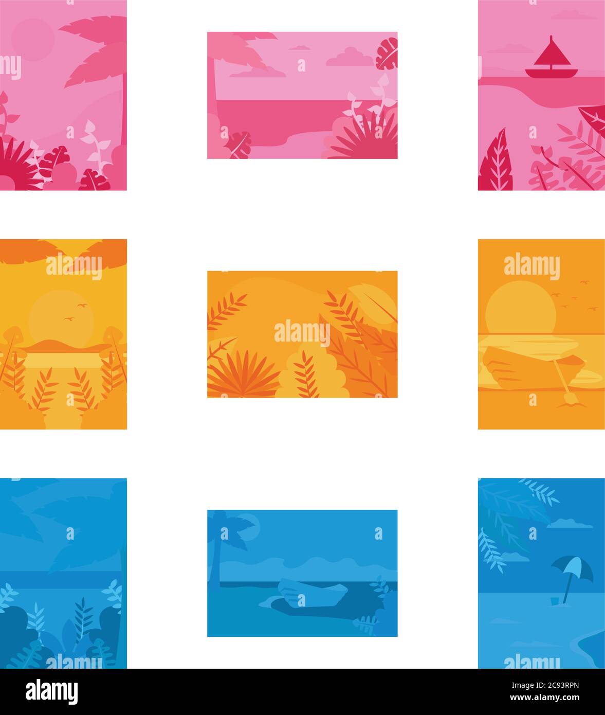 Rosa blau und orange Banner Set Design, Sommerurlaub tropischen und Entspannung Thema Vektor-Illustration Stock Vektor