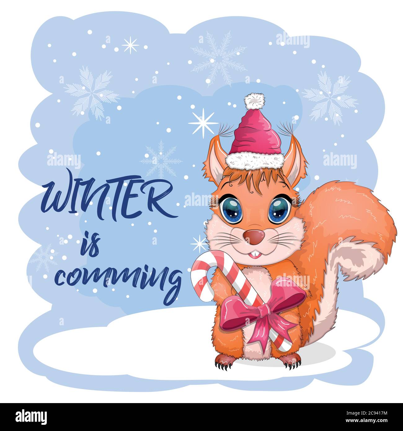 Niedliche Cartoon Eichhörnchen mit schönen Augen in einem Weihnachtsmann Hut mit einem Weihnachtsgeschenk, Zuckerrohr Stock Vektor