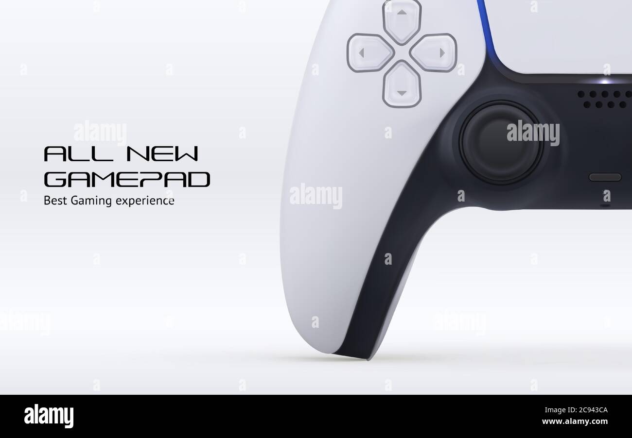 Videospiel Controller Banner Konzept. Realistische Vektor-Spiel Station Gamepad mit 5 Tasten Stock Vektor