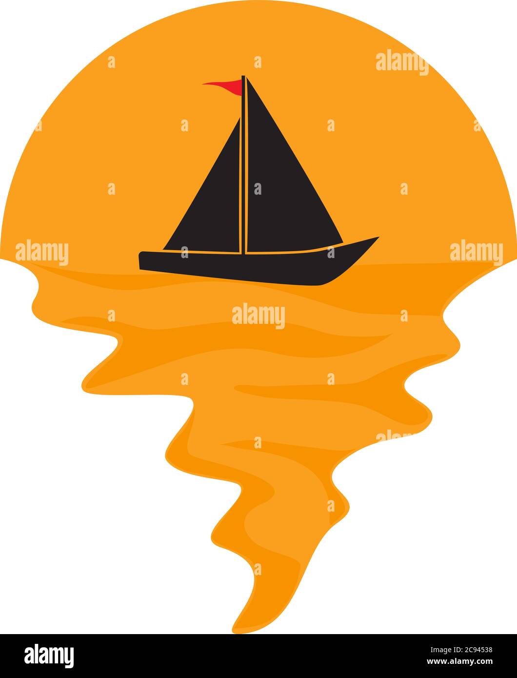 Vektor von Segelboot auf dem Meer und Sonnenuntergang im Hintergrund. Segelschiff Transport Unternehmen Silhouette Logo Illustration Design Stock Vektor