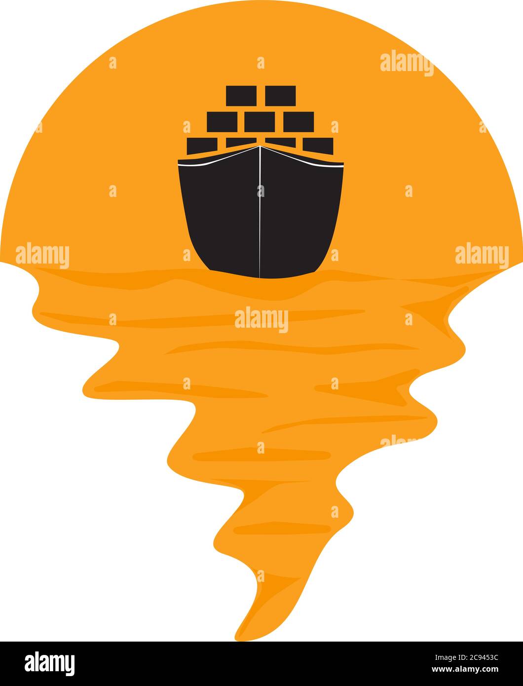 Vektor von Frachtschiff Container auf See und Sonnenuntergang im Hintergrund. Güterverkehr Unternehmen Silhouette Logo Illustration Design Stock Vektor