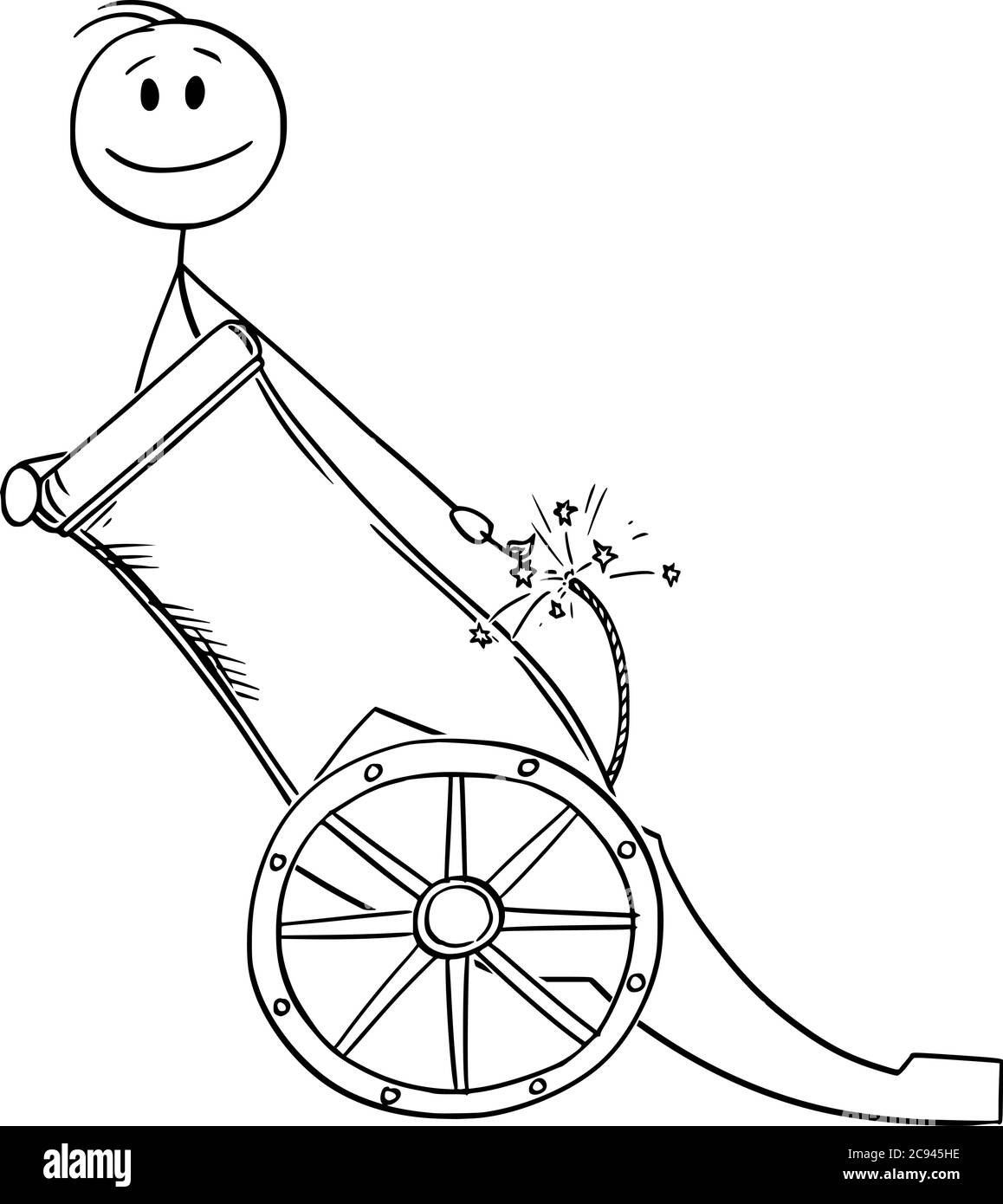 Vektor Cartoon Stick Figur Zeichnung konzeptionelle Illustration von Mann oder Geschäftsmann in Kanone als Kanonenkugel bereit, hoch für den Erfolg, Karriere oder Geschäftskonzept gehen. Stock Vektor