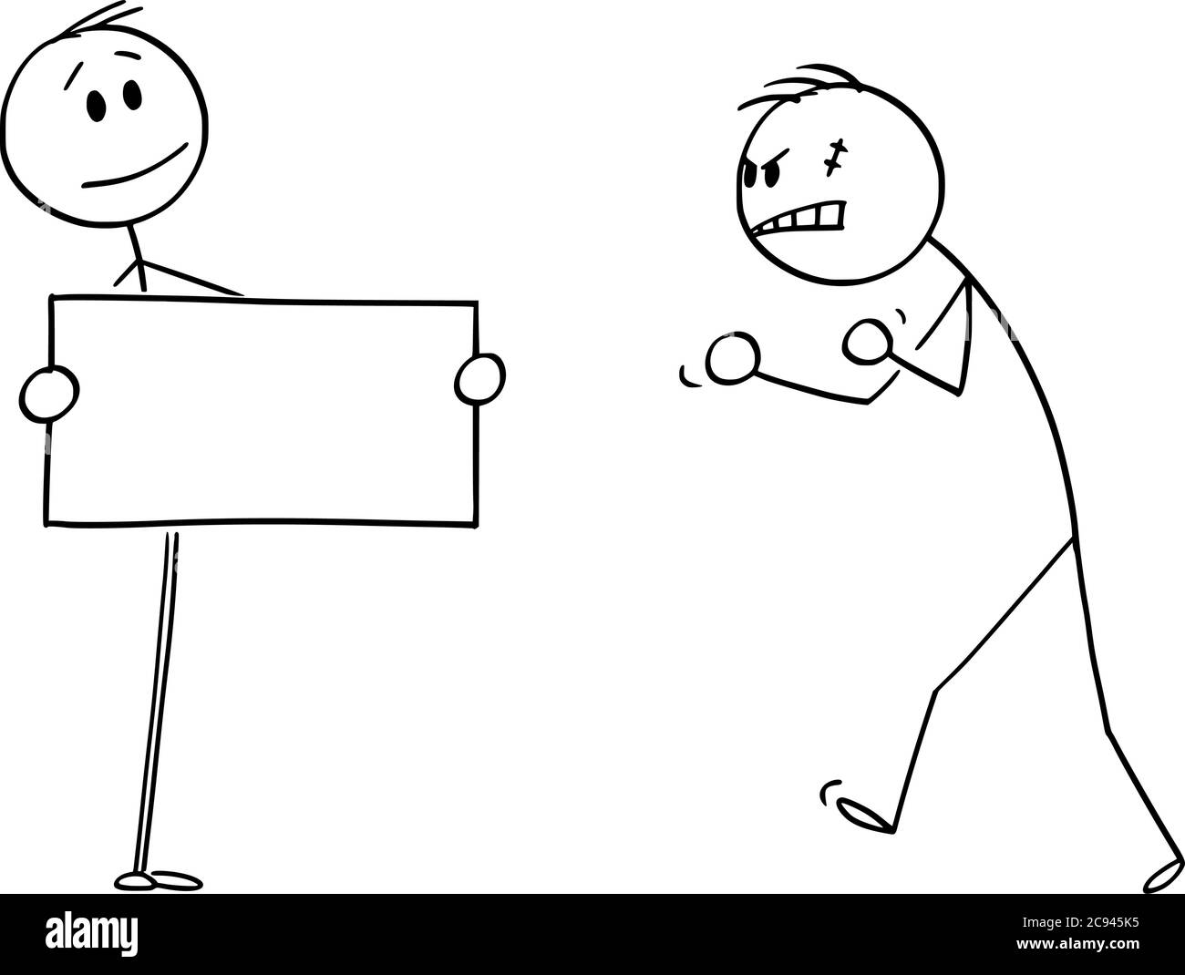 Vektor Cartoon Stick Figur Zeichnung konzeptionelle Illustration der selbstbewussten Person gegenüber aggressiven wütend gewalttätigen Mann mit leerem Zeichen in den Händen. Stock Vektor