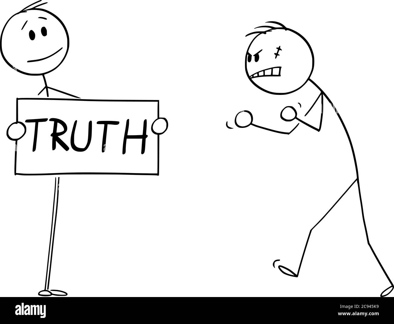 Vektor Cartoon Stick Figur Zeichnung konzeptionelle Illustration der selbstbewussten Person gegenüber aggressiven wütend gewalttätigen Mann mit Wahrheit Zeichen in den Händen. Stock Vektor