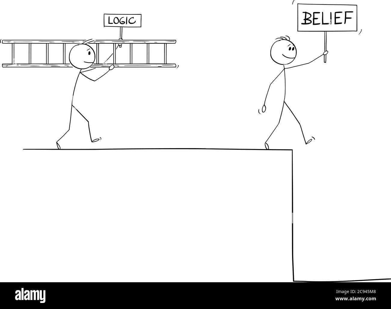 Vektor-Cartoon-Stick Figur Zeichnung konzeptionelle Illustration des Menschen mit Glauben oder Glauben in der Hoffnung auf Hilfe der überlegenen Macht, Prädestination, gott oder Glück, intelligente Mann der Logik ist auf der Suche nach Problemlösung. Stock Vektor