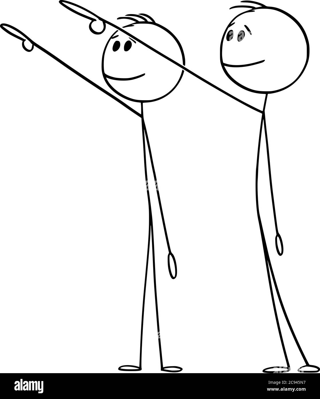 Vektor Cartoon Stick Figur Zeichnung konzeptionelle Illustration von zwei Männern oder Geschäftsleuten zeigen, zeigen oder präsentieren etwas weit, hoch oder hoch über ihnen. Stock Vektor