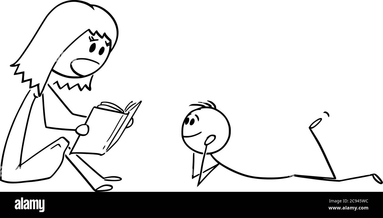 Vektor Cartoon Stick Figur Zeichnung konzeptionelle Illustration der Mutter oder Eltern Buch zu seinem Sohn oder Kind zu lesen. Stock Vektor