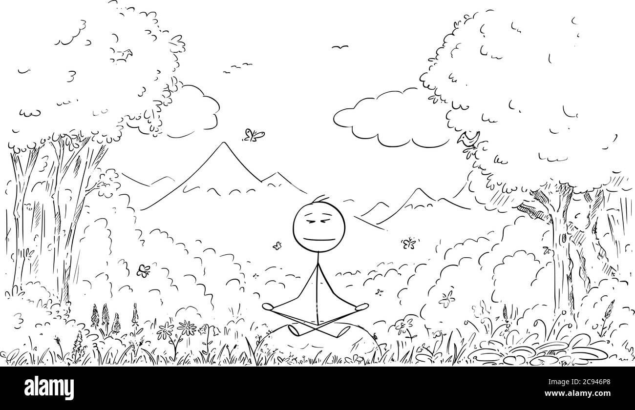 Vektor Cartoon Stick Figur Zeichnung konzeptionelle Illustration des Menschen meditieren umgeben von Natur, Bäume, Blumen, Pflanzen, Vögel und Schmetterlinge. Stock Vektor