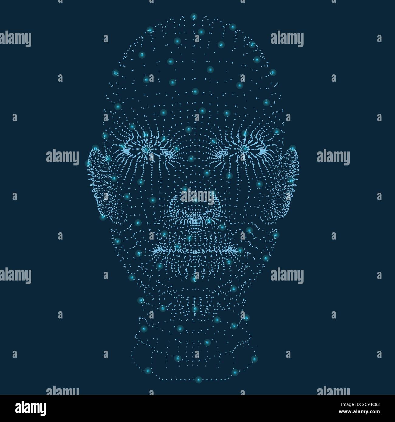 Der Kopf eines Mädchens, das aus vielen Punkten besteht. Mädchenkopfprojektion. 3D. Vektorgrafik. Stock Vektor