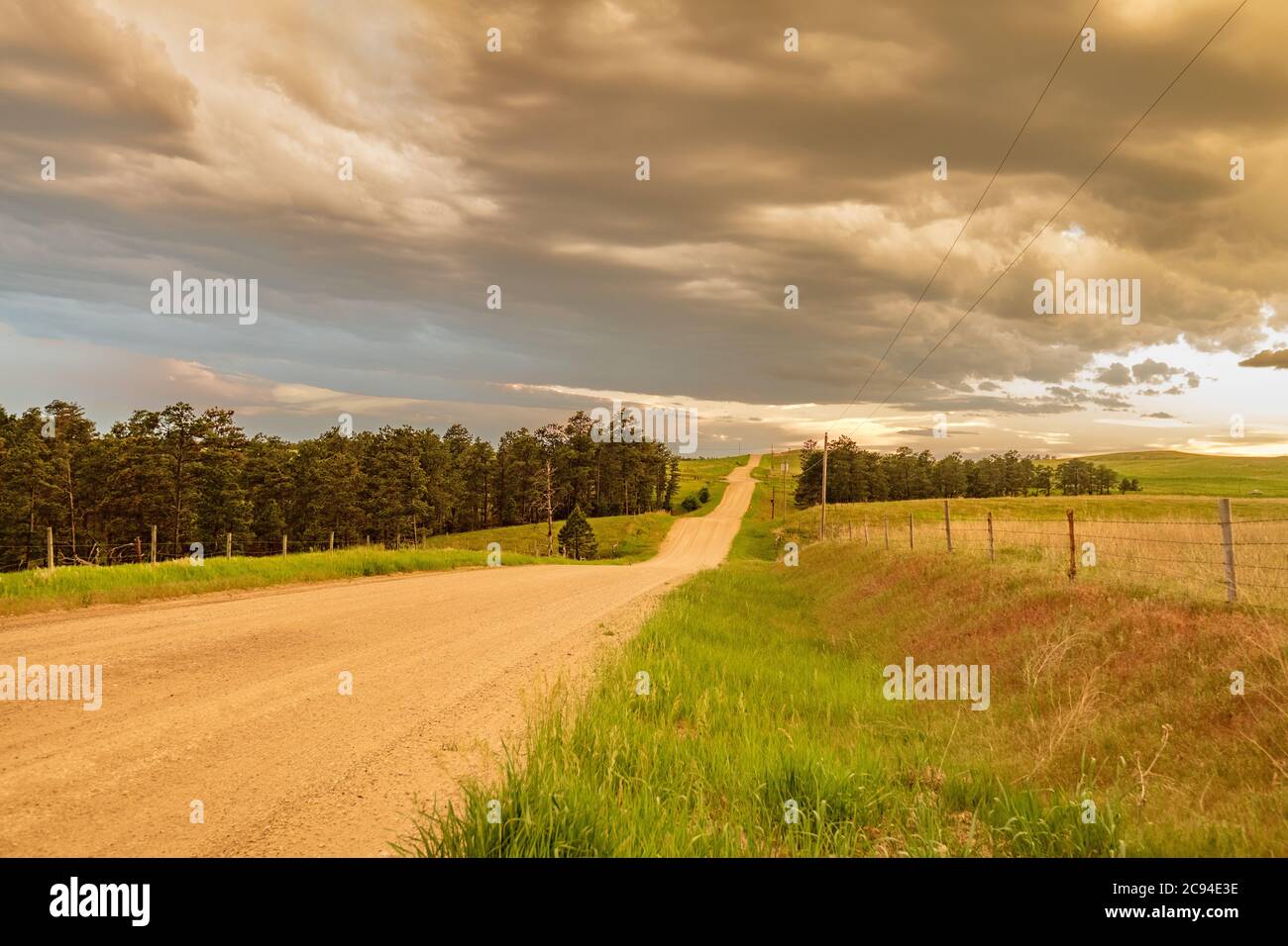 Bild einer klassischen Backcountry Schotterstraße im Mittleren Westen mit einer Perspektive der Straße, die ins nichts führt. Stockfoto