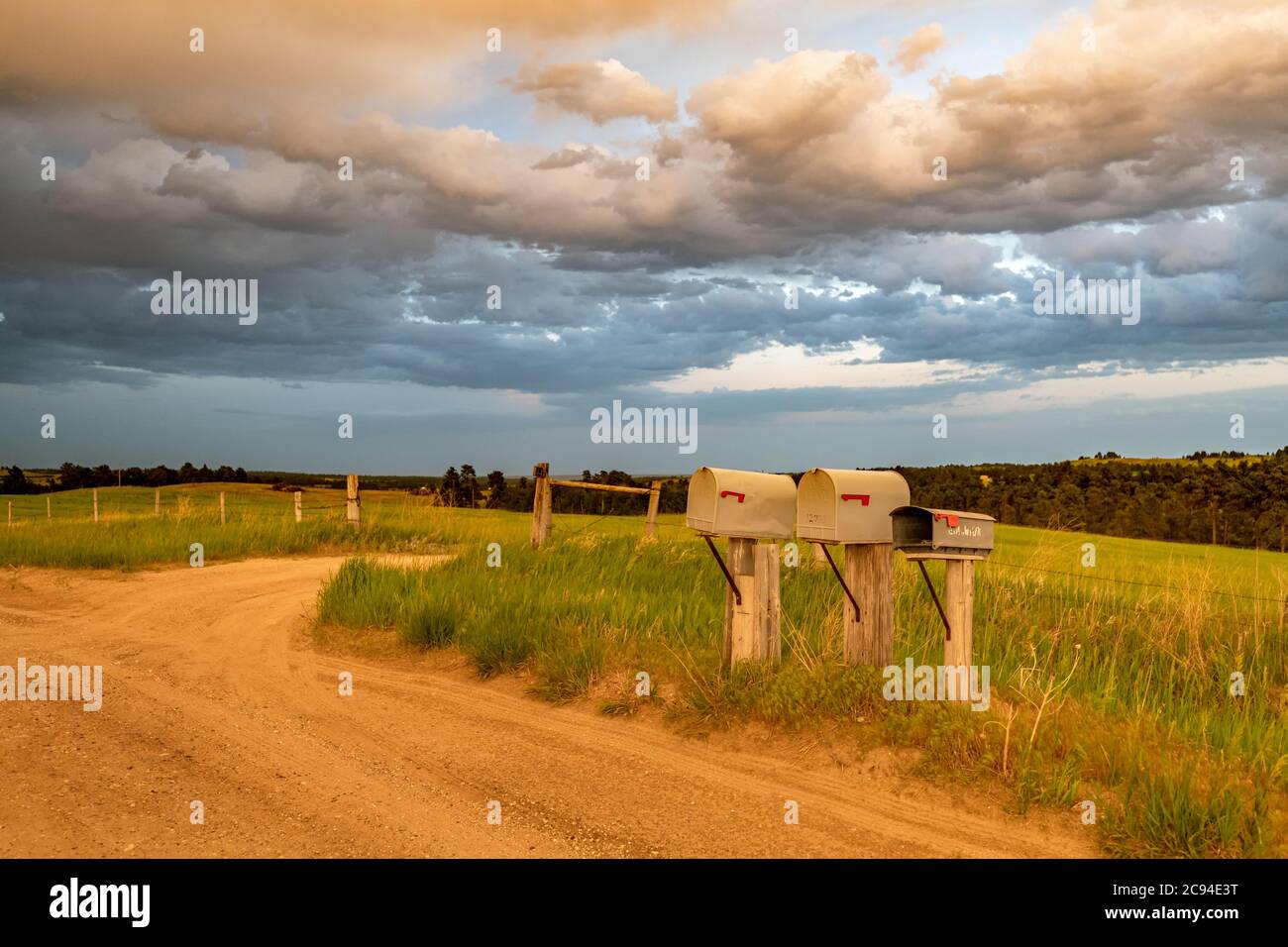 Bild einer klassischen Feldstraße im Mittleren Westen mit Blick auf die Straße ins nichts und Briefkästen neben Sideroads. Stockfoto