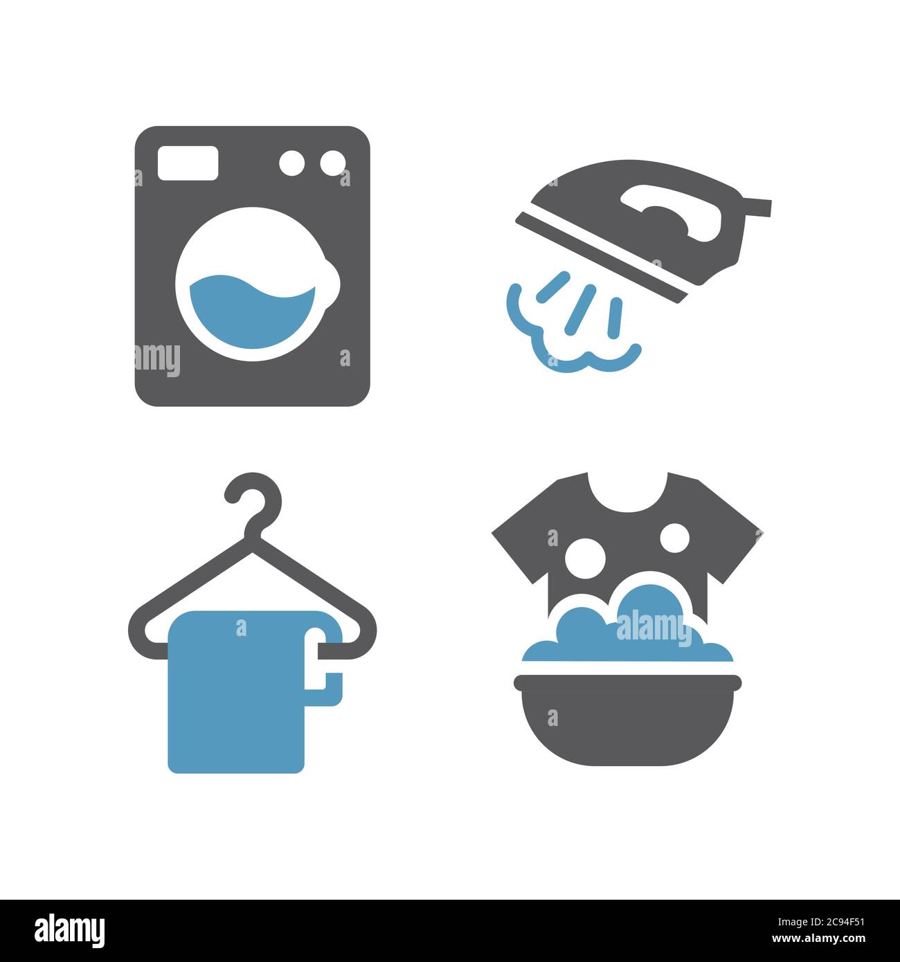 Wäscheservice schwarz Glyph Symbol gesetzt. Bügeleisen mit Dampf, chemische Reinigung, Waschmaschinensymbole. Stock Vektor