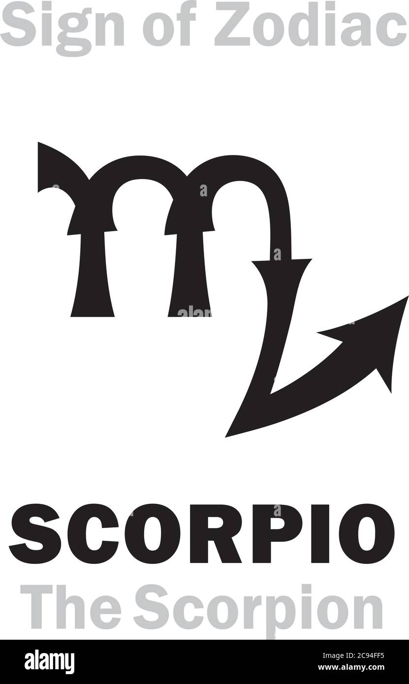 Astrologie Alphabet: Sternzeichen SKORPION (der Skorpion). Astrologischer Charakter, hieroglyphen Zeichen, mystisches kabbalistisches Symbol. Stock Vektor