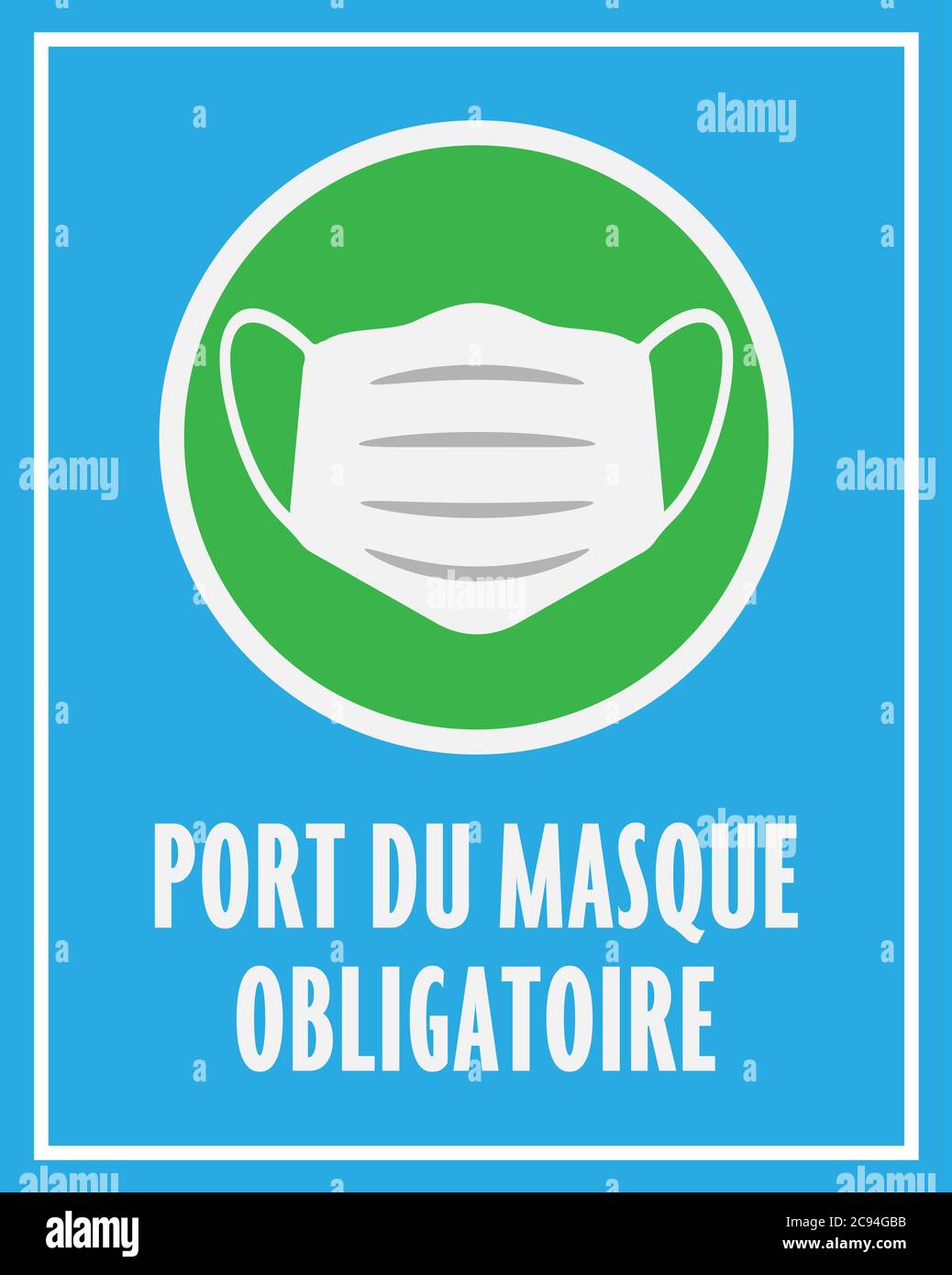 schild oder Aufkleber mit Text PORT DU MASQUE OBLIGATOIRE, Französisch zum Tragen einer Gesichtsmaske ist obligatorisch, mit Schutzschild Stock Vektor