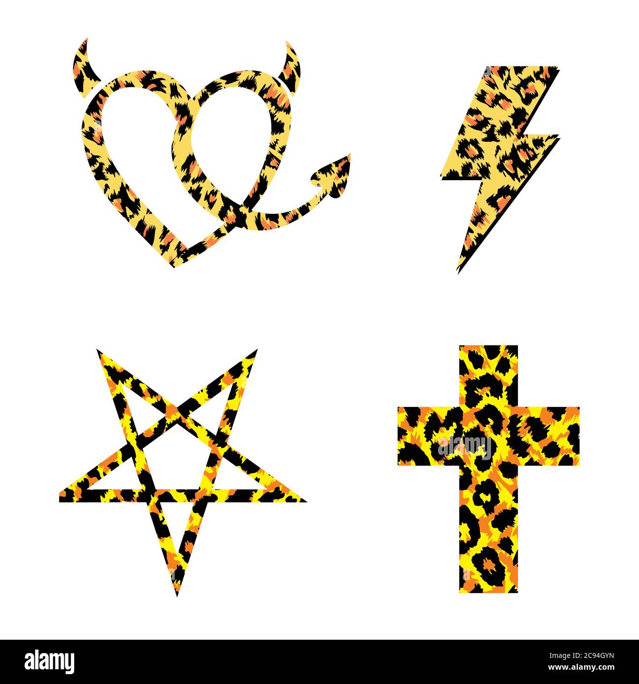 Gruppe von vier Vektorsymbolen mit Tierdruck. Vektor Herz, Blitz, Stern und Kreuz isoliert auf weiß. Stock Vektor