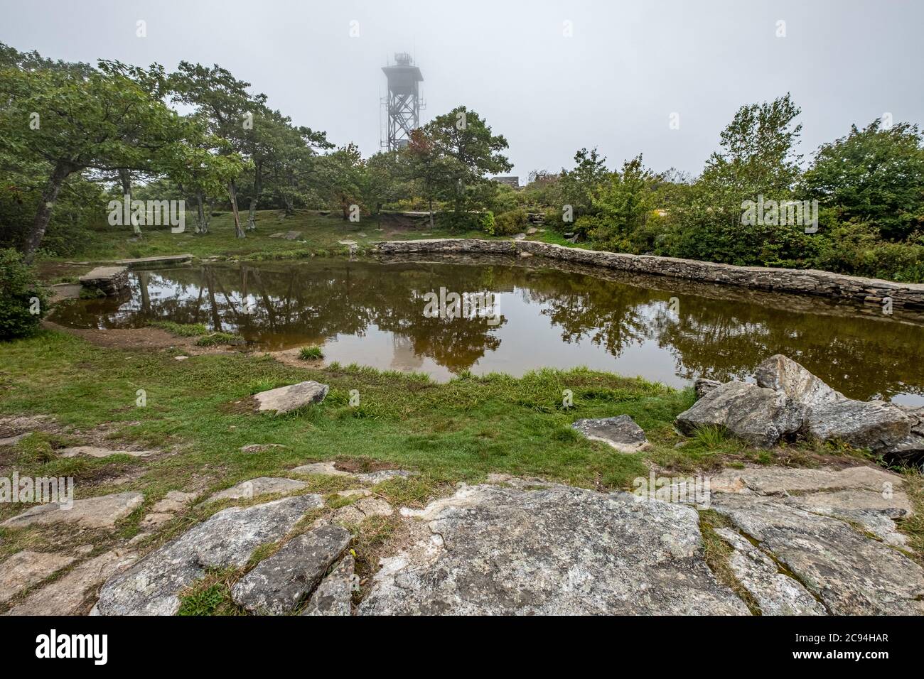 Ein sehr nebliger Tag auf dem Mount Wachusett in Princeton, Massachusetts Stockfoto