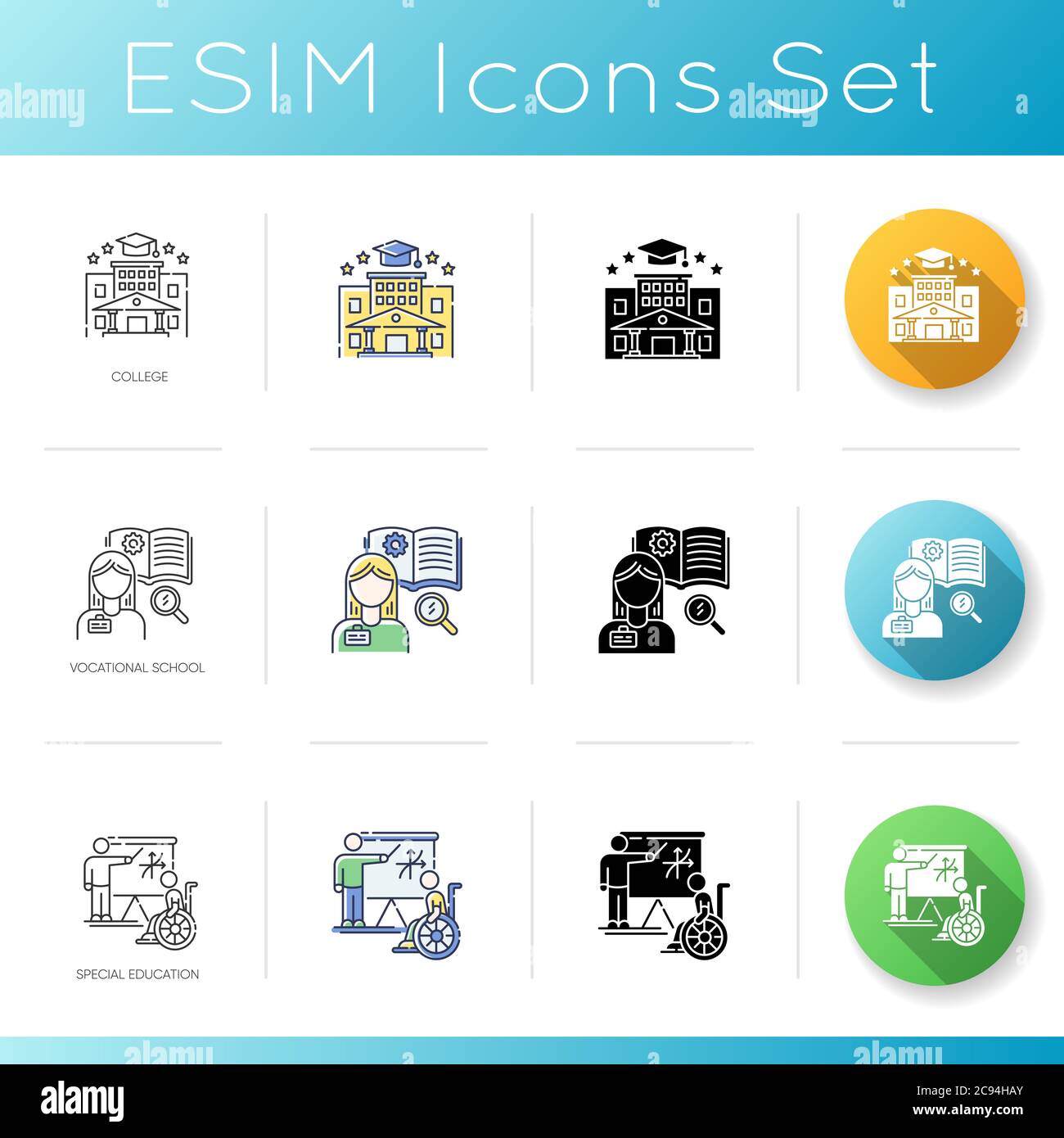 Academic Studieren Symbole gesetzt. Farbstile für Linear-, Schwarz- und RGB-Farben. Hochschulbildung. College-Campus und Berufsschule. Besondere Bedingungen für Disabl Stock Vektor