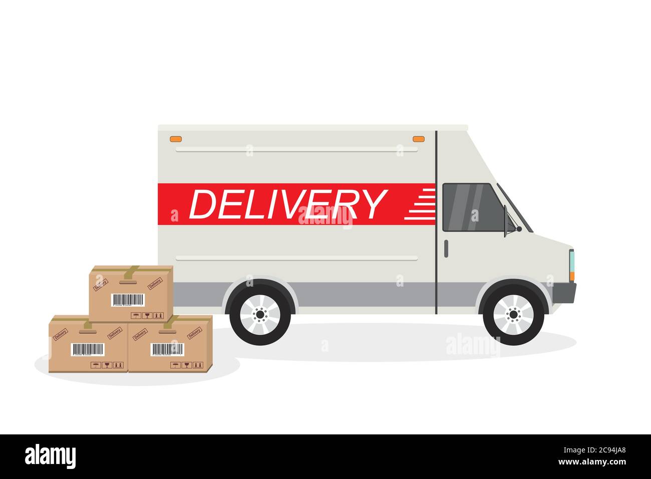 Lieferwagen und Kartons, Transport isoliert auf weißem Hintergrund, flache Vektor-Illustration Stock Vektor