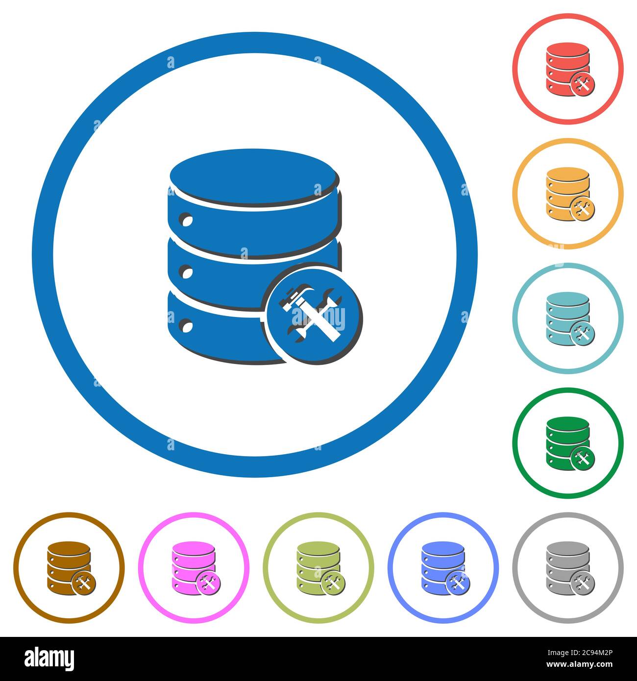 Datenbankpflege flache Farbvektorsymbole mit Schatten in runden Umrissen auf weißem Hintergrund Stock Vektor