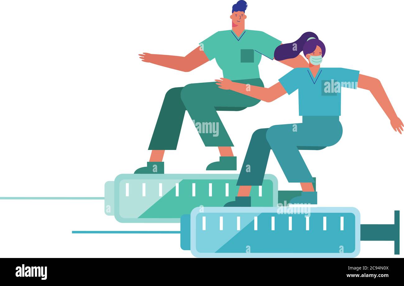 Professionelle Ärzte Paar trägt medizinische Masken Surfen in Injektionen Vektor Illustration Design Stock Vektor